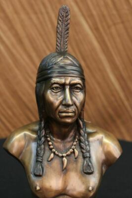 BRONZE INDIAN WARRIOR WITH PEACE DRUM SCULPTURE STATUE WESTERN FIGURINE ART