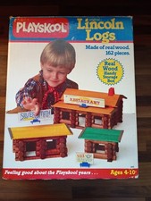 VTG Playskool Lincoln Logs 119 Piece - Real Wood Building Toy Original Box 1986