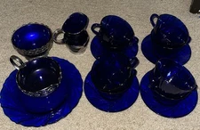 Cobalt Blue Glass 3-Cruet W/Silver plated 8-Vereco Cups 5-Duralex Vereco Rivage