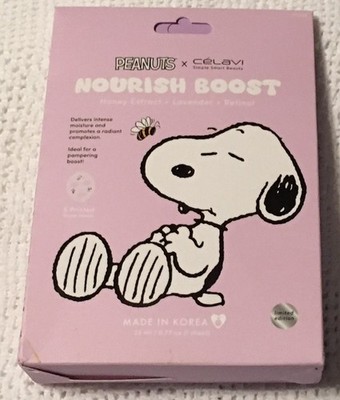 Celavi PEANUTS SNOOPY PRINTED 5 PK FACE MASK SHEETS Honey~Lavender-Retinol NIP
