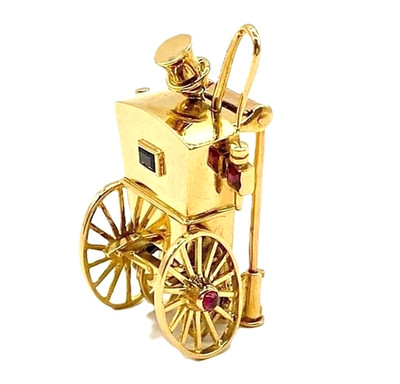Mellerio dits Meller Vintage Carriage Motif Ruby Sapphire 17k Yellow Gold Brooch