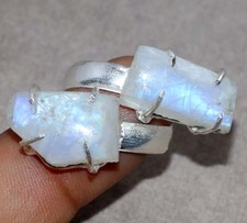 925 Silver Plated Rough Rainbow Moonstone Two-Stone Ring US FreeSize Trendy MJ