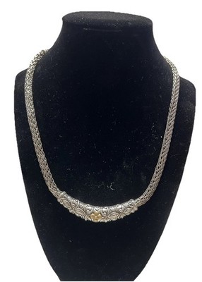 BARBARA BIXBY NECKLACE STERLING & 18K GOLD EMBOSSED FLOWERS WOVEN CHAIN 54.5 gm