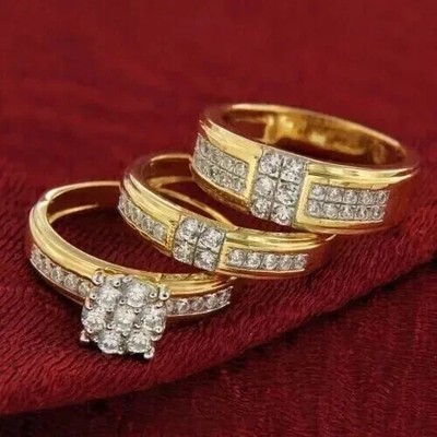 3Ct Trio Ring Set Lab Created Diamond 14K Yellow Gold Plated Round Cut His & Her