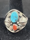 Vintage Signed “D” Navajo Sterling Silver Turquoise & Coral Ring Sz 13.75  (J)