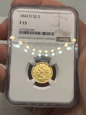1843-D NGC F-15 Liberty Head Gold Quarter Eagle $2.50 - Dahlonega Mint! Rare****