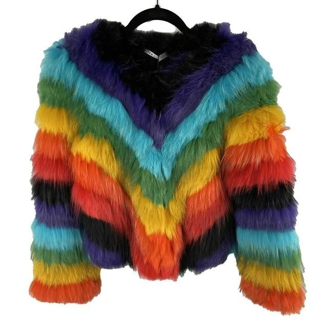 LIMITED EDITION Alice and Olivia Rabbit Fur Rainbow Jacket