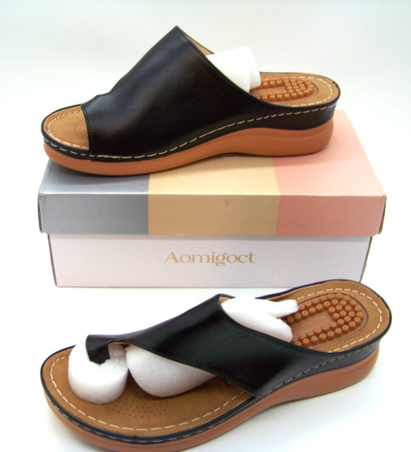 Aomigoct Sandals for Women Wedge Shoes, Comfortable Orthopedic, Black size 8.5