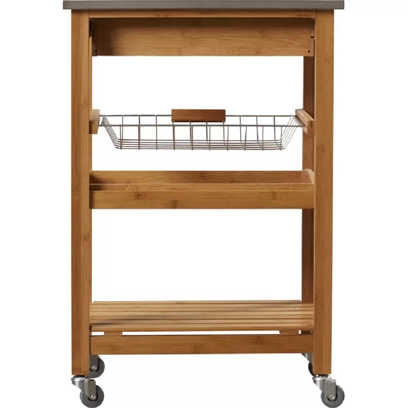 KITCHEN CART Bamboo Wood w/Wheels Stainless Steel Top eBay