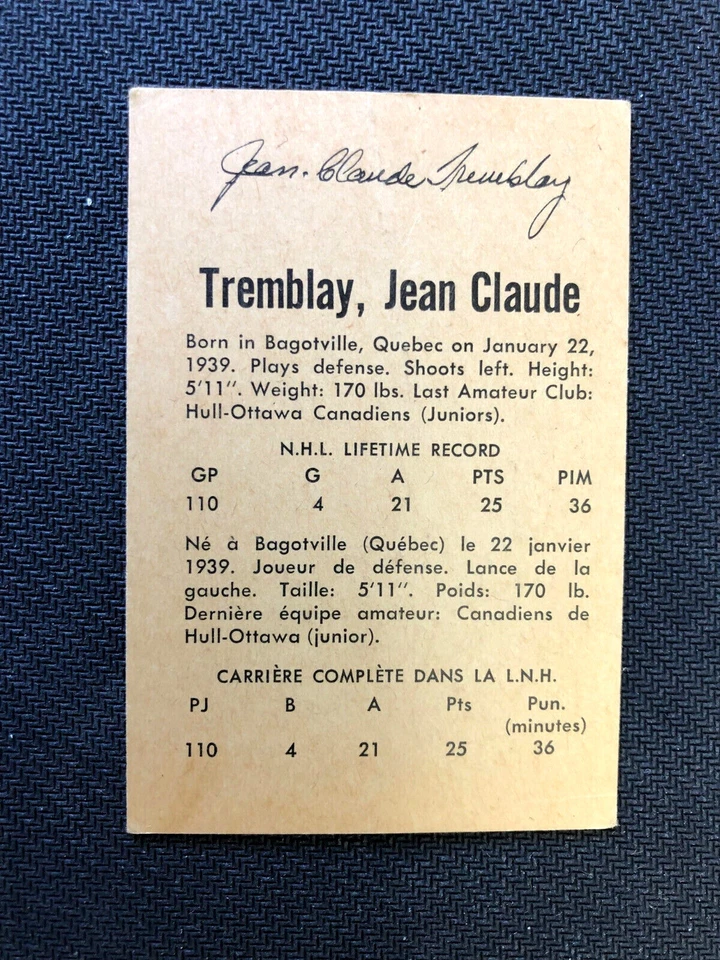 1962 - 63 Parkhurst #54 Jean Claude J.C. Tremblay Montreal Canadiens - Image 2 of 2