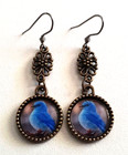 ***ANTIQUE BRONZE FLOWER & BLUE BIRD PENDANT EARRINGS - BRAND NEW***
