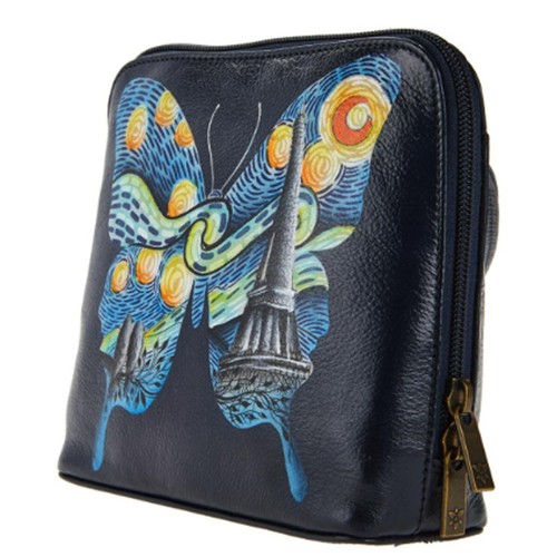 Anuschka Hand Painted STARRY PARIS Leather Small Zip-Around Crossbody Bag NAVY - Picture 9 of 9