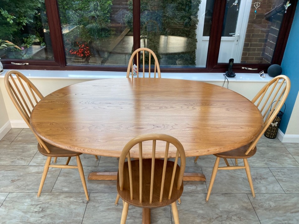ercol dining table plus 4 quaker blue label chairs | eBay