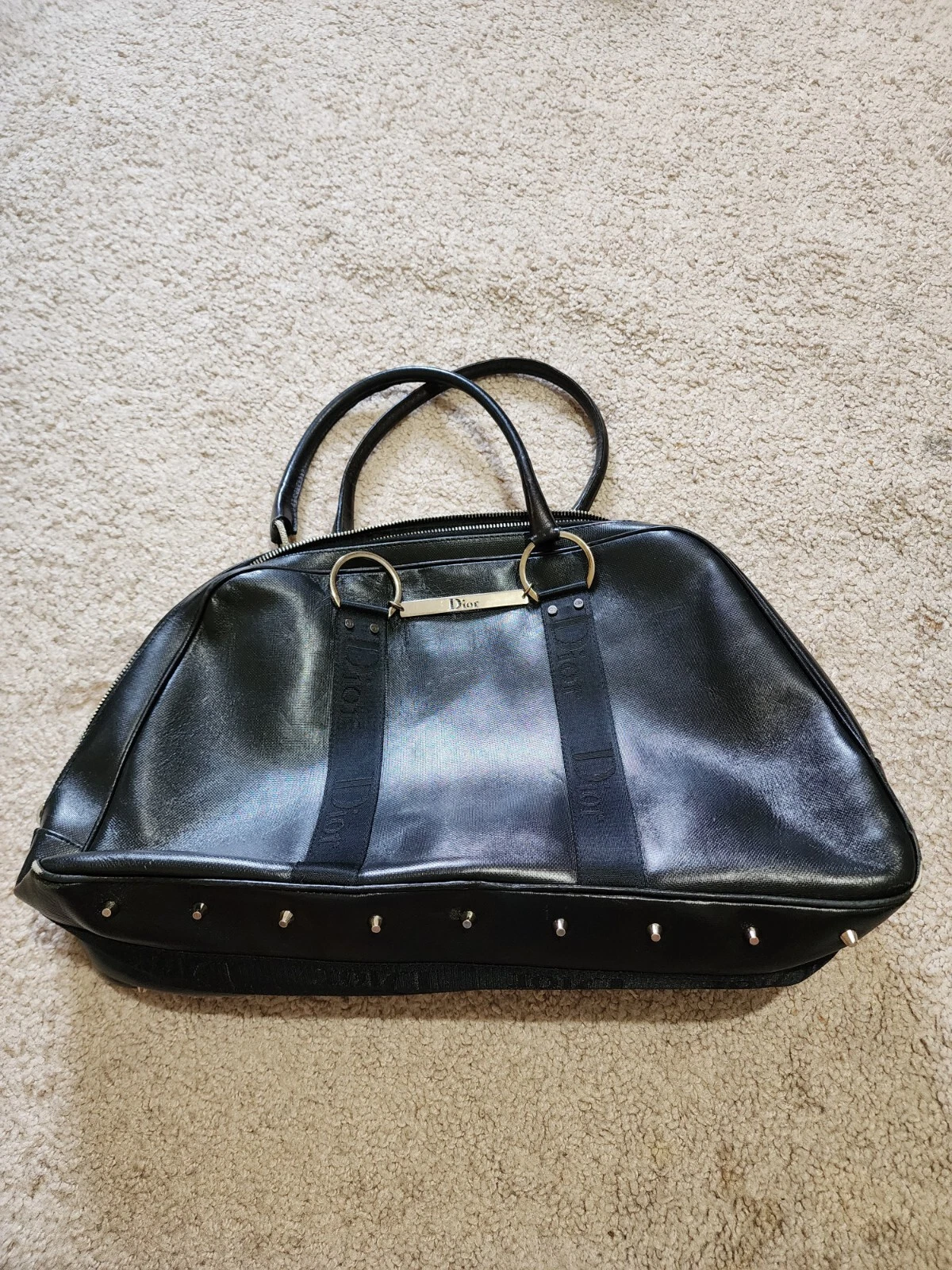 Sac fourre tout Christian Dior vintage logo strass noir cuir argenté