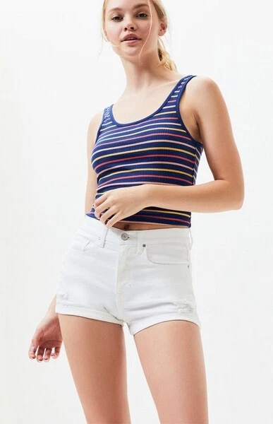 New Pacsun Super Stretch Shortie White Shorts Sz 28 Cuffed High Rise Distressed