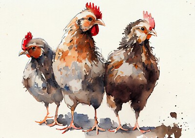 Drei Hühner, 5''''x7'''' Druck von Aquarellmalerei, Wohnzimmer & Schlafzimmerdekoration
