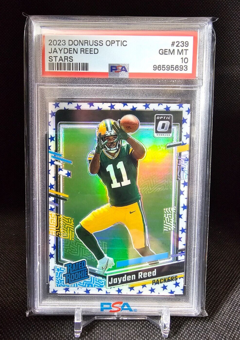 Jayden Reed 2023 Donruss Optic Stars Prizm Rated Rookie RC #239 PSA 10