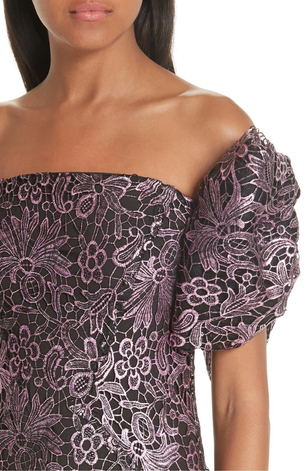 Maxi Vestido ZAC POSEN Rosa Metálico Bordado Guipur Encaje Hombro Descubierto Lazo 6 S Foto 4 de 4