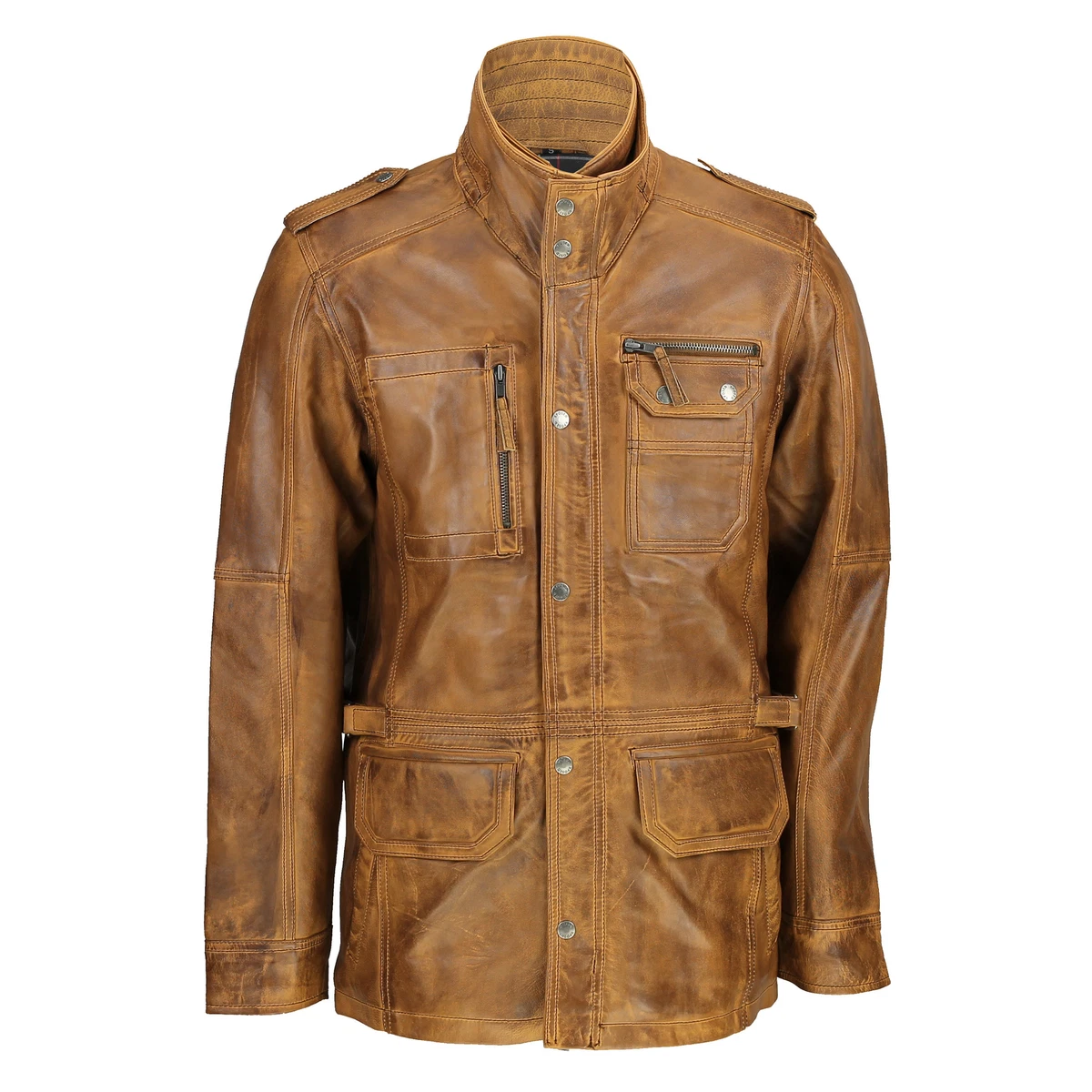 Mens Tan Brown Soft Real Leather Vintage Military Coat Smart