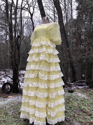 Vintage 1960's Creme Puff Lace Tiered Yellow Formal Long Gown Dress  34-24-56 | eBay
