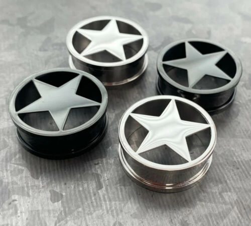 PAIR Surgical Steel Star Screw Fit Tunnels Ear Plugs Earlets Gauges Body Jewelry - Picture 1 of 10