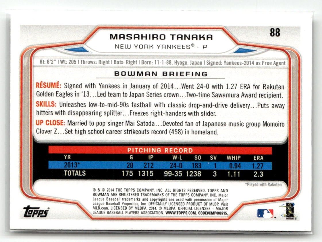 2014 Bowman #88 Masahiro Tanaka RC | eBay