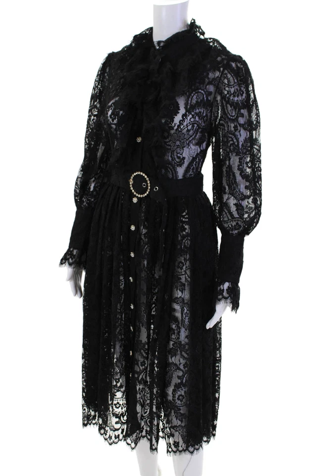 Zimmermann Womens Lace Button Down Belted A Line Dress Black Size Large - Image 2 of 3