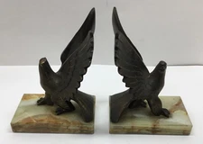 Vintage Art Deco Eagle Pair Bookends Metal & Onyx Home Office Decor………..[S8-2]