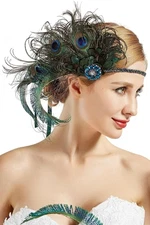 BABEYOND 1920s Flapper Peacock Feather Headband Roaring 20s Beaded Green 