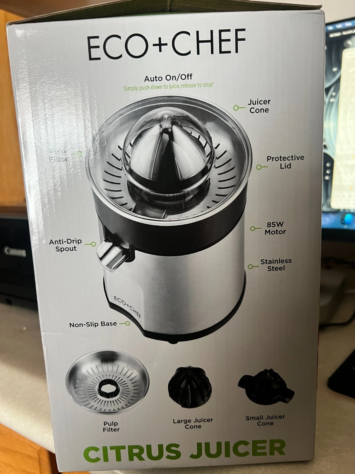 Eco+Chef Stainless Steel Citrus Juicer-Dual Juicer Cones-Auto On/Off-85W Motor