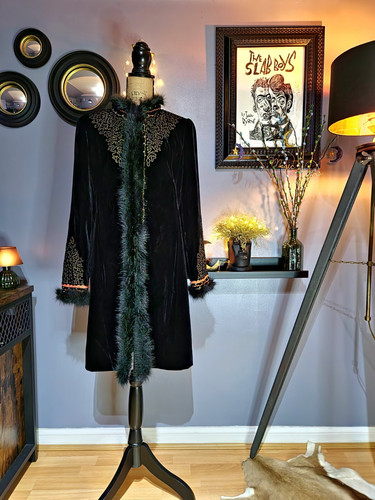Y2K East Black Velvet Embroidered Afghan Style Coat UK 10/12 (US 8) - Picture 1 of 10