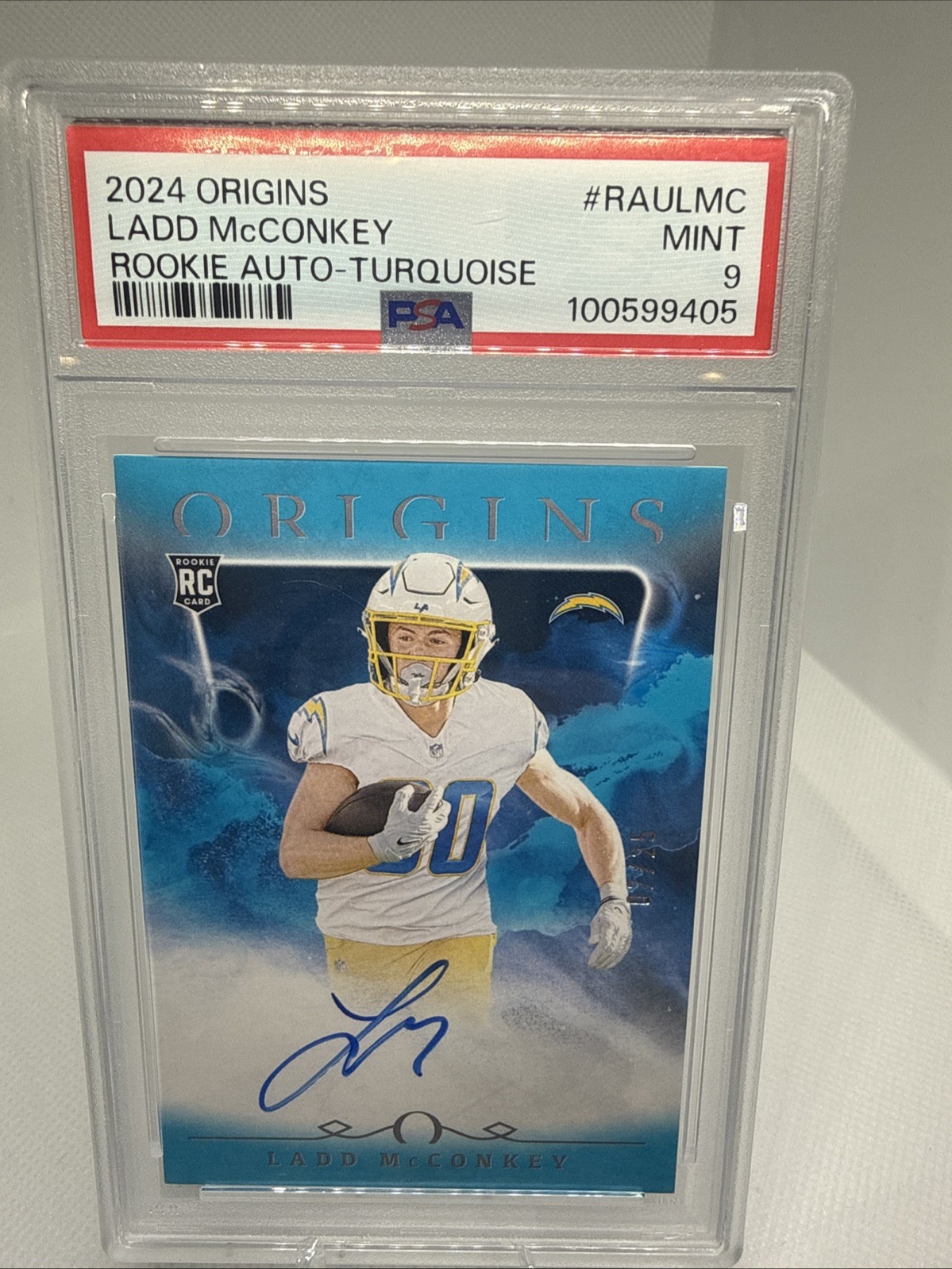2024 Origins Ladd McConkey Rookie Auto Turquoise /25 PSA 9 Chargers On-Card view 1