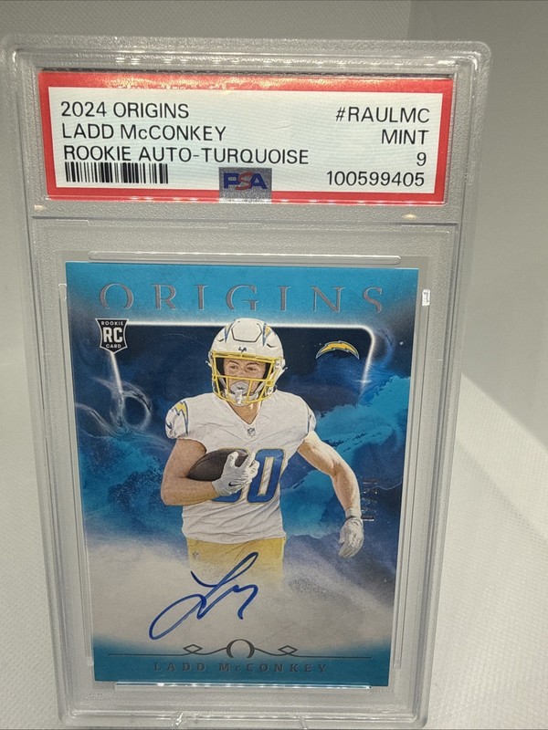 2024 Origins Ladd McConkey Rookie Auto Turquoise /25 PSA 9 Chargers On-Card