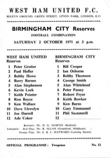 West Ham United Reserves v Birmingham City (Combination) 1971/1972