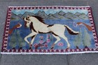 Vintage Hand Made Traditional Oriental Wool Blue Small Rug 53x93cm Animal Horse