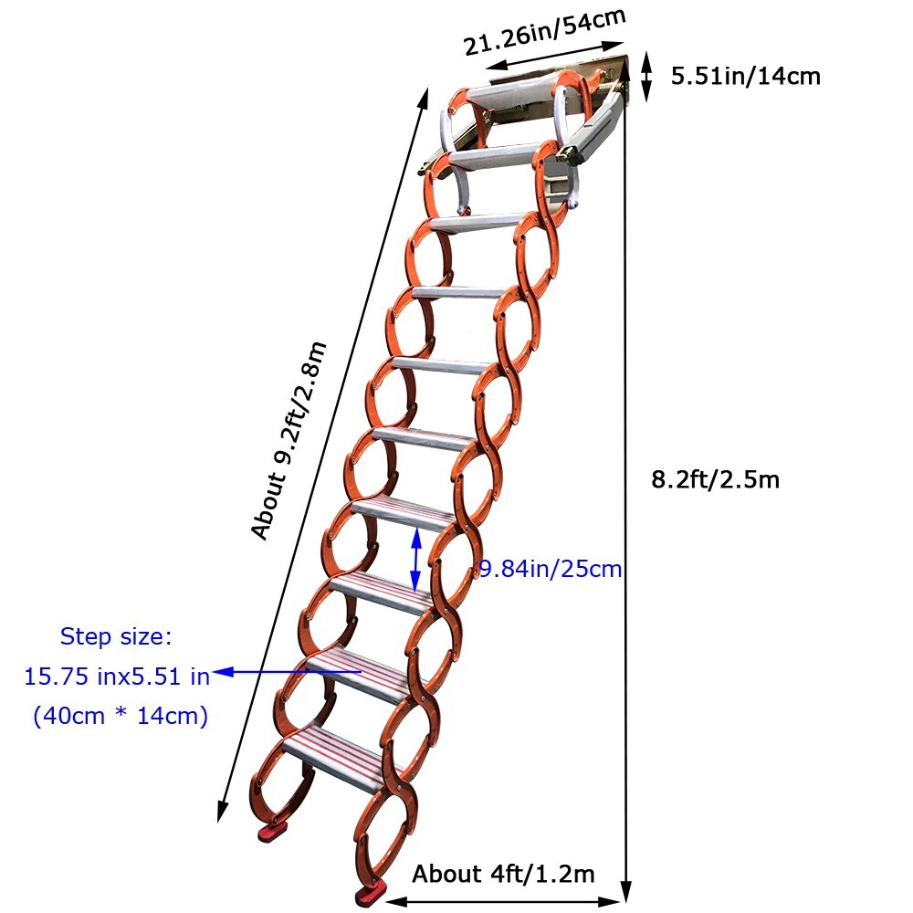 Wall Mounted Telescopic Pull-down Attic Ladder Stairs Orange 10/12 Steps Qrange-image