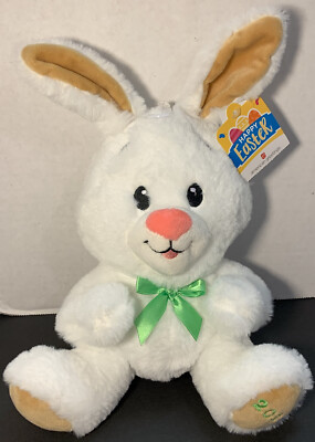 American Greetings Rabbit White Tan Plush Sitting Bunny Green Bow 2010 with tags