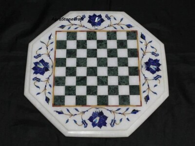 18'' White MarbleInlay Chess Board Handmade Marble chess table top with figures