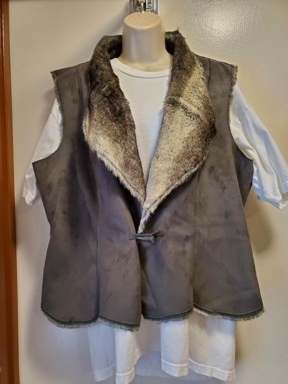 Vest Gray Faux Suede Faux Fur Toggle 