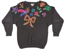 Vintage 80s Black Ugly Sequinned Winter Christmas Sweater Bow Flowers Medium