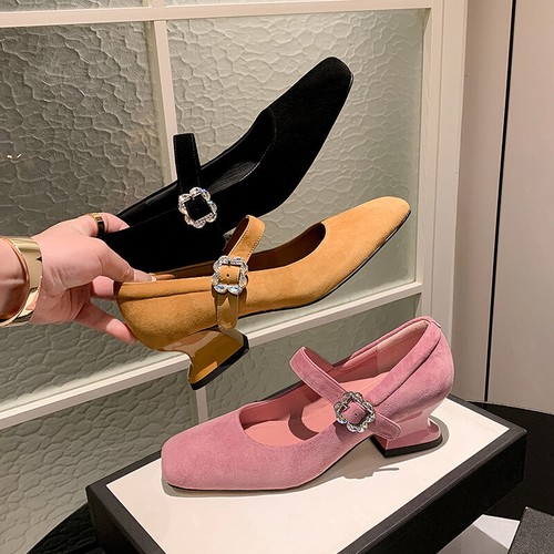 French Women's Spring Summer Sheepskin Suede Mary Jane Fashion Square Toe Shoes - Picture 9 of 27