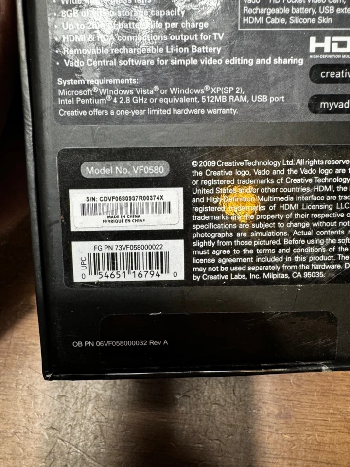 Creative Labs VF0580 Vado HD 720p 8GB Black Pocket Video Camera -New In Open Box - Image 2 of 4