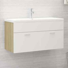 Mobile bagno sospeso Moderno 90 cm Bianco Rovere Ceramica 2 Ante 1 Cassetto