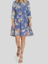 $125 Tribal Womens Blue Floral 3/4 Sleeve Tie-Neck Boho Fit & Flare Dress Size L