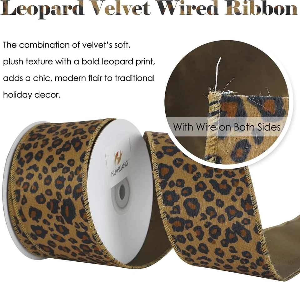 Cinta con cable de terciopelo con estampado de leopardo de 2,5 pulgadas cinta de terciopelo marrón con estampado de animales para... Foto 2 de 4