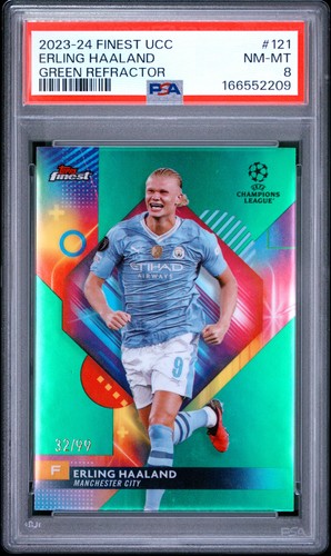 2023-24 TOPPS FINEST UEFA CLUB COMPETITIONS GREEN ERLING HAALAND 32/99 PSA 8