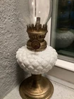 Vintage mini milk glass oil lamp W Clear glass ruffled chimney and a brass base