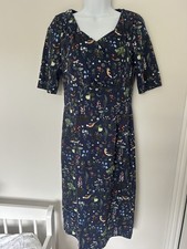 Joe Browns Navy Blue Bird Floral Print Pencil Tea Dress V-Neck Size 10 VGC Retro