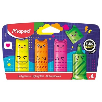 Maped Mini Neon Highlighters Set of 4 Kawaii Fluorescent Pens School Office