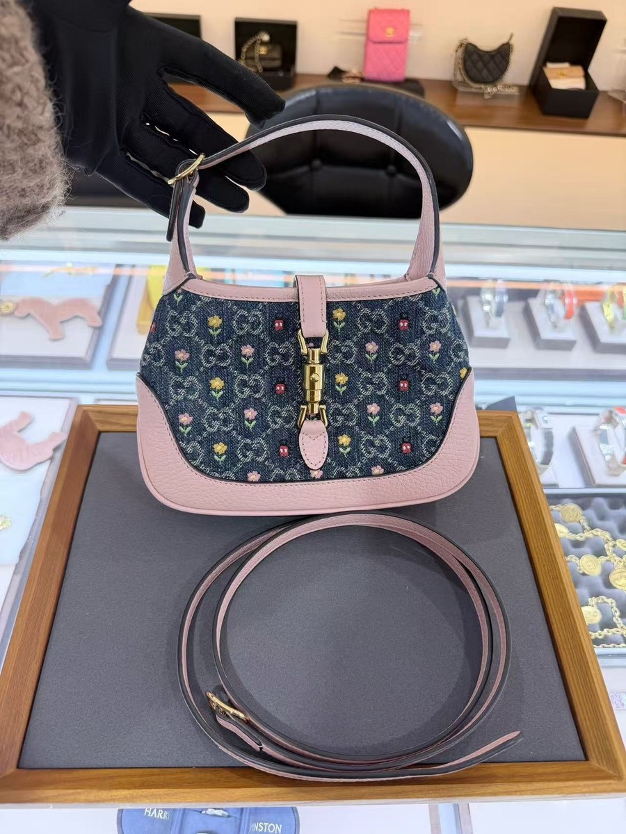 バッグ GUCCI Handbag Jackie mini denim GG Gucci Jackie 1961 Mini Hobo Bag Denim GG Floral Embroidery Gold
